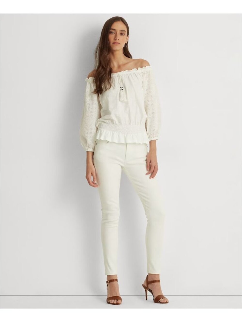 RALPH LAUREN White Ruffled Smocked Tassled Drawcord Pouf Sleeve Top XXL